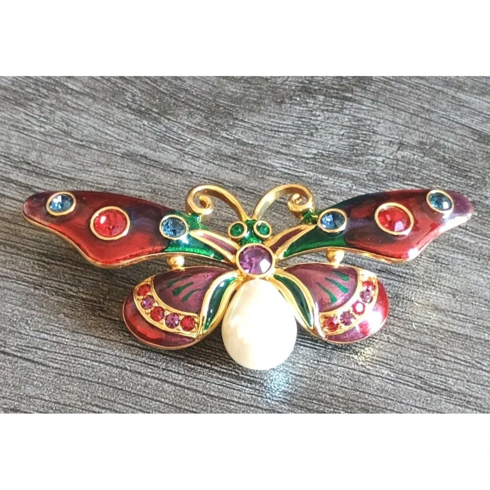 Joan Rivers Butterfly Red Green Purple Enamel Rhinestone Faux Pearl Brooch Vint